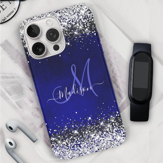 Schattige Royal Blue Silver Faux glitter monogram  Case-Mate iPhone Case