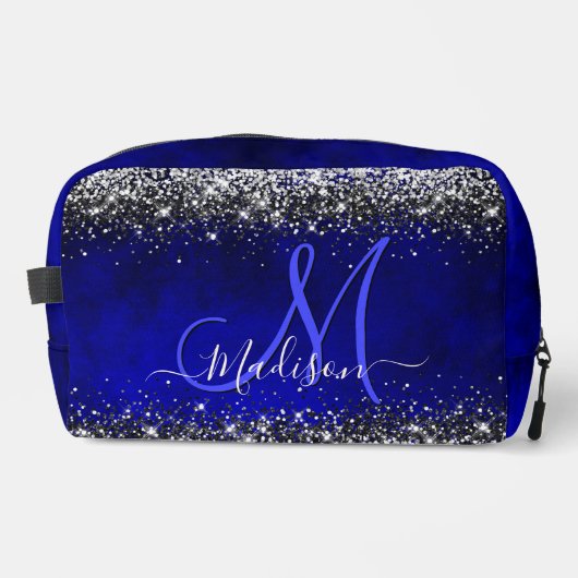 Schattige Royal Blue Silver Faux Glitter Monogram Toilettasje (Voorkant)