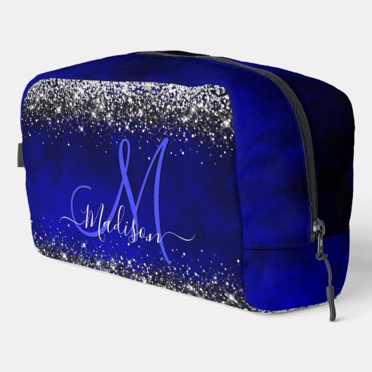Schattige Royal Blue Silver Faux Glitter Monogram Toilettasje (Rechterhoek)