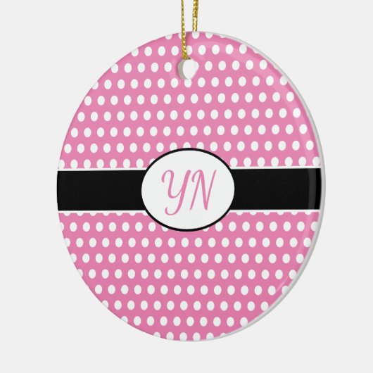 Schattige roze aangepaste initialen Polka Dot Keramisch Ornament (Links)