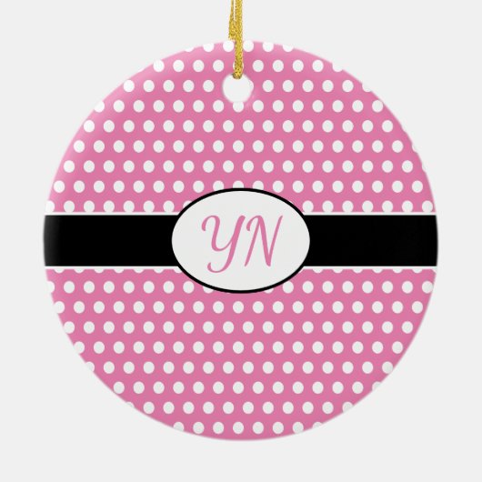 Schattige roze aangepaste initialen Polka Dot Keramisch Ornament (Achterkant)