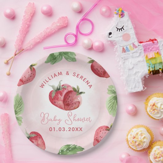 Schattige roze aardbei Baby shower Papieren Bordje (Feest)