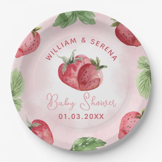 Schattige roze aardbei Baby shower Papieren Bordje (Voorkant)