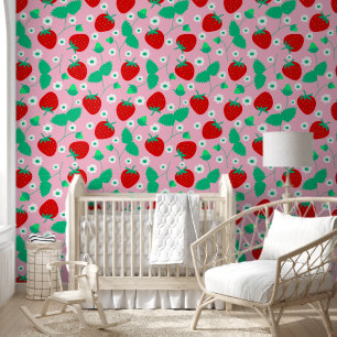 Schattige Roze Aardbei & Daisy Pattern Kinder Kwek Behang