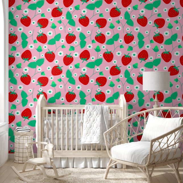 Schattige Roze Aardbei & Daisy Pattern Kinder Kwek Behang (Kinderen)