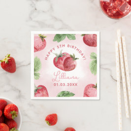 Schattige Roze Aardbei Happy Birthday Papier Serve Servet