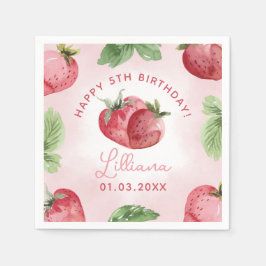Schattige Roze Aardbei Happy Birthday Papier Serve Servet