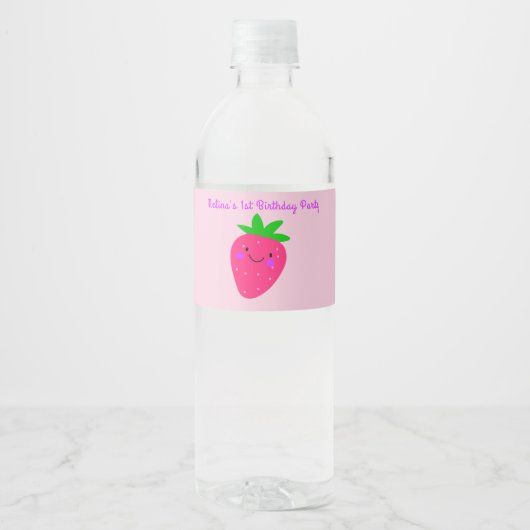 Schattige roze aardbei meisje 1e verjaardagsfeestj waterfles etiket (Voorkant)