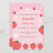 Schattige roze aardbei verjaardagsuitnodiging kaart (Voorkant / Achterkant)