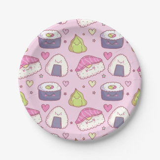Schattige Roze Achtergrond Sushi Kawaii Partij Papieren Bordje