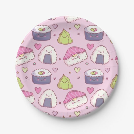 Schattige Roze Achtergrond Sushi Kawaii Partij Papieren Bordje (Voorkant)
