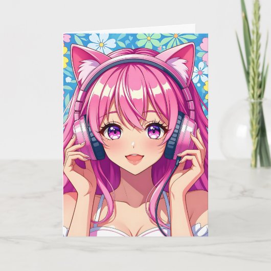 Schattige roze anime meisje met hoofdtelefoon Verj Kaart (Voorkant)