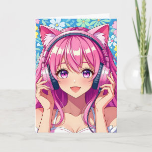 Schattige roze anime meisje met hoofdtelefoon Verj Kaart