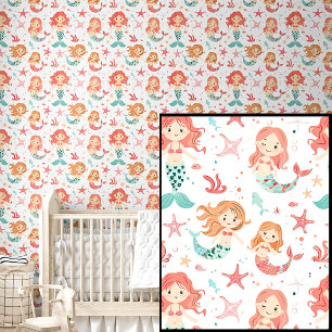 Schattige Roze & Aqua Baby Zeemeerminnen & Sterren Behang