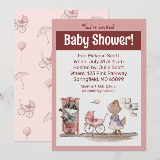 Schattige Roze Baby Buggy Baby shower Kaart (Voorkant / Achterkant)
