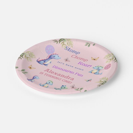 Schattige Roze Baby Meisje Dinosaurus 1e Verjaarda Papieren Bordje (Gekanteld)