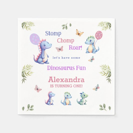 Schattige Roze Baby Meisje Dinosaurus 1e Verjaarda Servet (Voorkant)