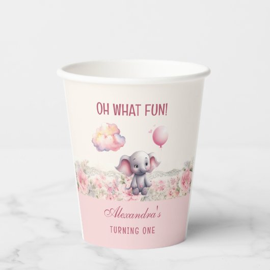 Schattige Roze Baby Meisje Olifant 1e Verjaardagsf Papieren Bekers (Voorkant)