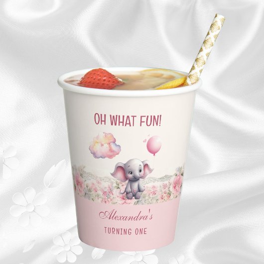 Schattige Roze Baby Meisje Olifant 1e Verjaardagsf Papieren Bekers
