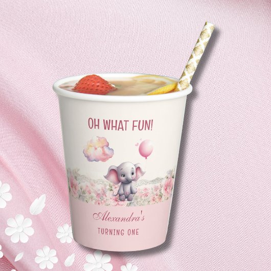 Schattige Roze Baby Meisje Olifant 1e Verjaardagsf Papieren Bekers