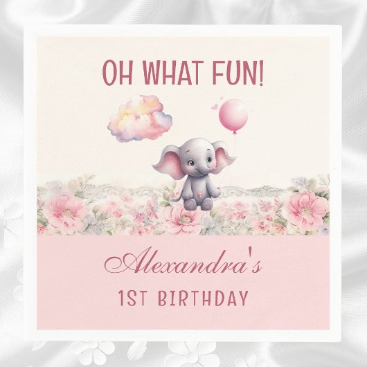 Schattige Roze Baby Meisje Olifant 1e Verjaardagsf Servet