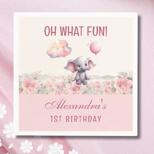 Schattige Roze Baby Meisje Olifant 1e Verjaardagsf Servet