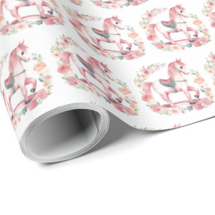 Schattige Roze Baby Meisje Rocking Paard Gift Wrap Cadeaupapier