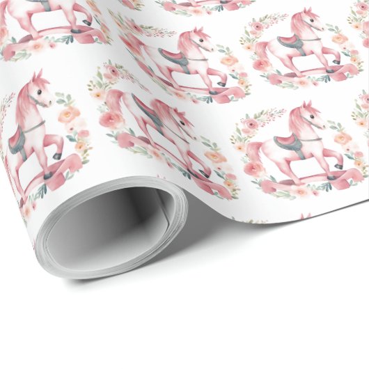 Schattige Roze Baby Meisje Rocking Paard Gift Wrap Cadeaupapier (Rol Hoek)