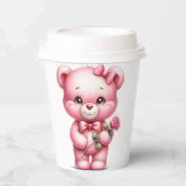 SCHATTIGE ROZE BABY MEISJE TEDDYBEER MET ROOS PAPIEREN BEKERS