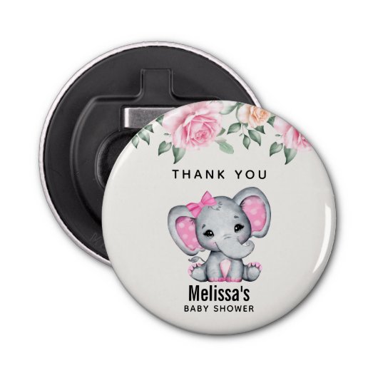 Schattige Roze Baby Olifant en Rozen Baby shower Button Flesopener (Voorkant)