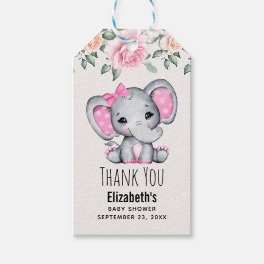 Schattige Roze Baby Olifant en Rozen Baby shower Cadeaulabel (Voorkant)