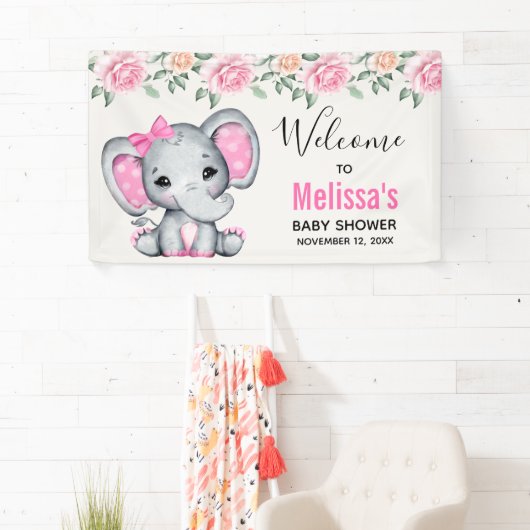 Schattige Roze Baby Olifant en Rozen Baby shower Spandoek (Insitu)