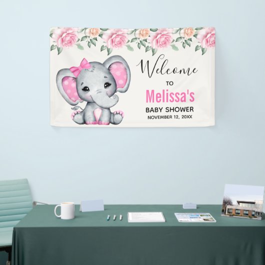 Schattige Roze Baby Olifant en Rozen Baby shower Spandoek (Beurs)