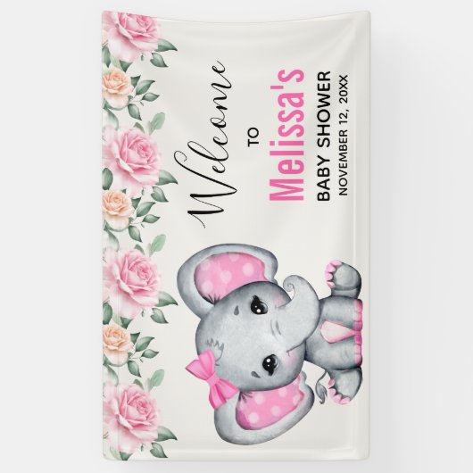 Schattige Roze Baby Olifant en Rozen Baby shower Spandoek (Verticaal)