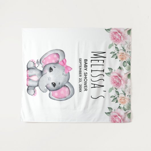 Schattige Roze Baby Olifant en Rozen Baby Shower Wandkleed (Voorkant (horizontaal))