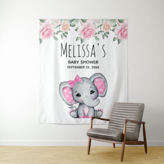 Schattige Roze Baby Olifant en Rozen Baby Shower Wandkleed (In situ)