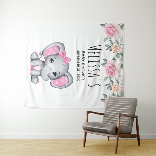 Schattige Roze Baby Olifant en Rozen Baby Shower Wandkleed (In Situ (horizontaal))