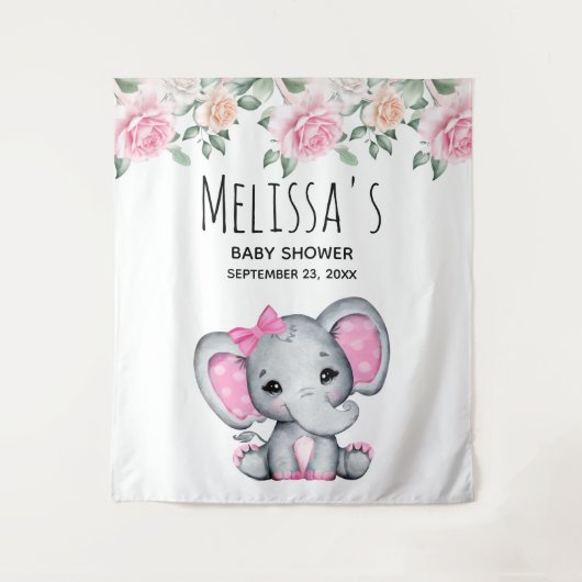 Schattige Roze Baby Olifant en Rozen Baby Shower Wandkleed (Voorkant)