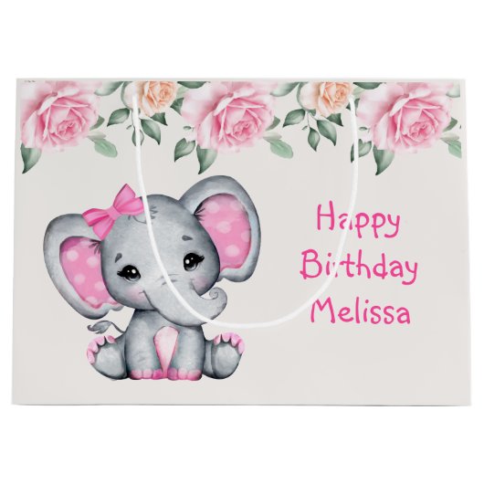 Schattige Roze Baby Olifant en Rozen Border Birthd Groot Cadeauzakje (Voorkant)