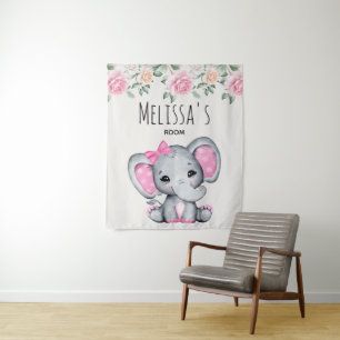 Schattige Roze Baby Olifant en Rozen Kamer Wandkleed