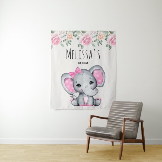 Schattige Roze Baby Olifant en Rozen Kamer Wandkleed (In situ)