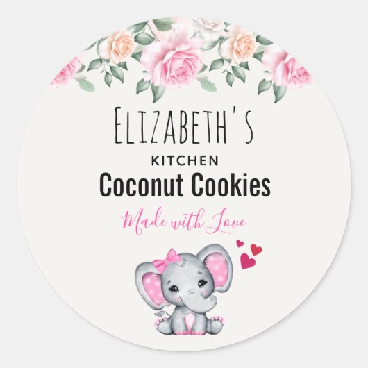 Schattige Roze Baby Olifant & Rozen Waterverf Keuk Ronde Sticker (Voorkant)