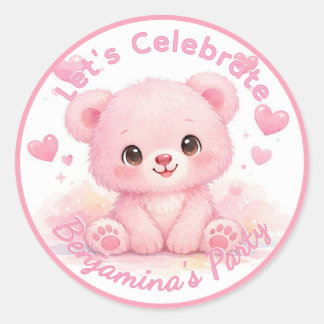 Schattige Roze Babybeer Meisje Verjaardag Ronde Sticker