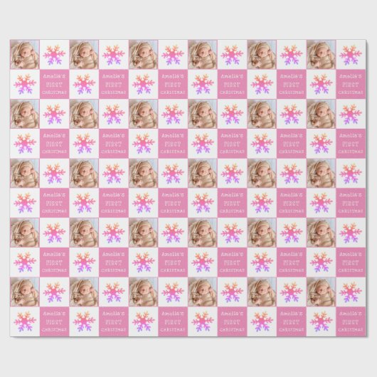 Schattige Roze Baby's eerste Kerstmis Sneeuwvlok F Cadeaupapier (Vlak)