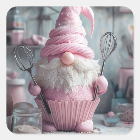 Schattige Roze Bakken Gnome Cupcake Vierkante Sticker (Voorkant)