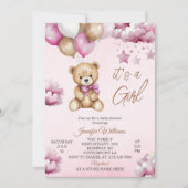 Schattige Roze Ballonnen Teddy Girl Baby shower Kaart (Voorkant)