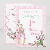 Schattige Roze Beatrix Potter 1e Verjaardagsfeest Kaart (Voorkant / Achterkant)