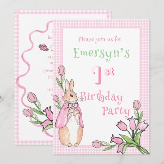 Schattige Roze Beatrix Potter 1e Verjaardagsfeest Kaart (Voorkant / Achterkant)