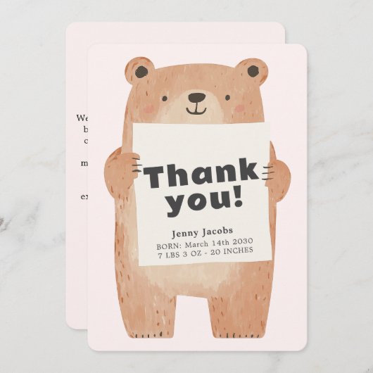 Schattige Roze Beer Baby Aankondiging Dank u (Voorkant / Achterkant)
