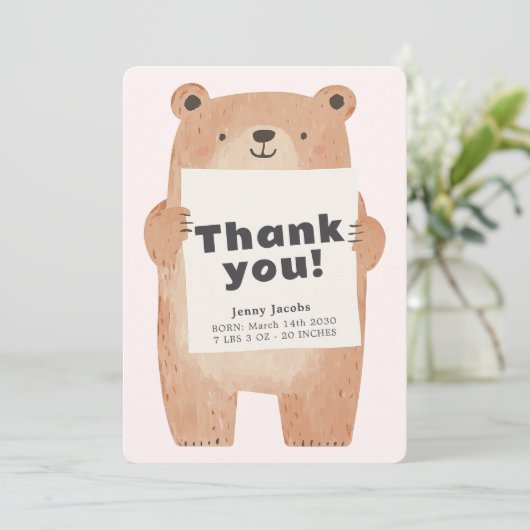 Schattige Roze Beer Baby Aankondiging Dank u (Staand voorkant)
